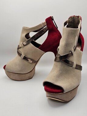 Calvin Klein “Kamille” Colorblock Suede & Metallic Platform Peep‑Toe Heels